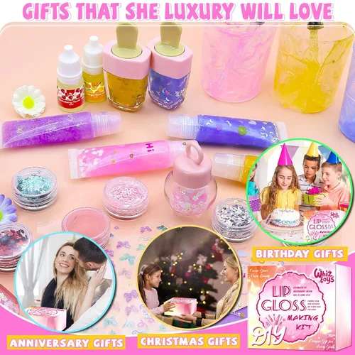 Miniatura 8 de WhizToys Kit de fabricación de brillo de labios de 74 piezas, haz tus propios brillos de labios hidratantes, esmalte hecho a mano con purpurina