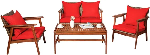 Miniatura 11 de Tangkula juego de 4 sofás de madera de patio, juego de asientos de madera de acacia para exterior con cojines y mesa de centro, juego de sofá