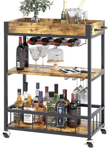 Carro de servicio para bar con soporte para vino de 3 niveles para el hogar, con ruedas, móvil, estilo industrial vintage, carretilla de servicio de