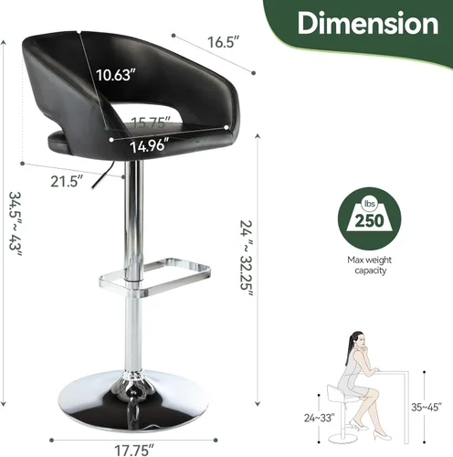 Miniatura 2 de Vogue Furniture Direct Taburete de bar ajustable con respaldo y brazos huecos, moderno taburete giratorio de piel sintética, silla de barra de Negro