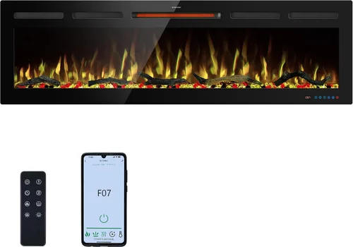 Miniatura 9 de Insertos de chimenea eléctrica WiFi de 33 pulgadas, calentador de chimenea empotrado y montado en la pared con color de llama ajustable y brillo