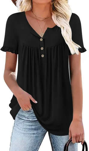 POPYOUNG - Camisetas Henley de verano para mujer, con botones, estilo casual, tipo túnica, manga corta