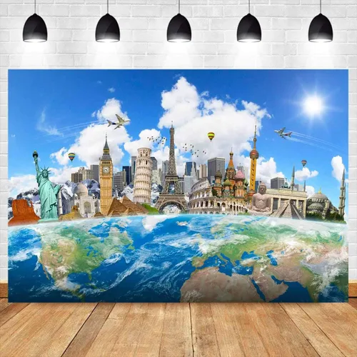 Fondo de viaje mundial de mapa mundial de 7 x 5 pies, edificios famosos en todo el mundo, fondo de fotografía de Newyork y París, Torre Eiffel,