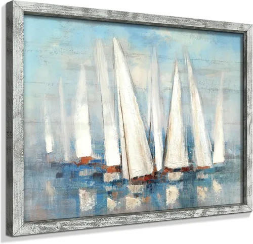 Pintura enmarcada de paisaje marino: arte abstracto del océano, imagen costera, impresiones de veleros en madera en estilo moderno para decoración