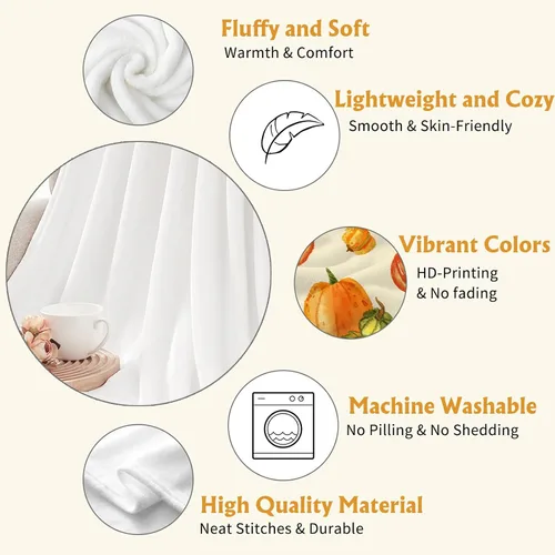 Miniatura 3 de YeeJu Manta decorativa de otoño, tamaño Queen, para Acción de Gracias, cosecha de otoño, lindas calabazas, para cama, sofá, grande, suave, Otoño-01