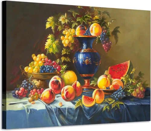 ARTISTIC PATH Arte de Pared en Lienzo de Comida Retro - Cuadro Vintage de Frutas Burdeos Colorido Melocotón Uva Pintura Antigua Impresiones de Arte