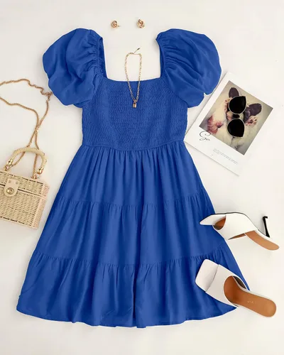 Miniatura 5 de ZESICA Mini vestido corto de verano bohemio 2025 con cuello cuadrado, manga abombada, hombros descubiertos, fruncido, escalonado, casual