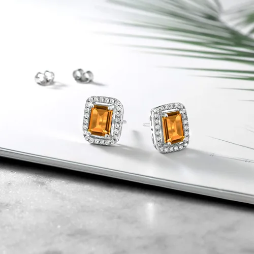 Miniatura 57 de Gem Stone King Aretes de plata de ley 925 con piedra natal Corte esmeralda de 0.315 x 0.236 in Aretes de halo para mujer