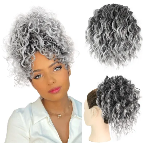 Miniatura 8 de Extension de cabello con moño desordenado, textura Yaki, con cabello suelto, ondulado y rizado, corto, con cordón de ajuste, extensiones de cola