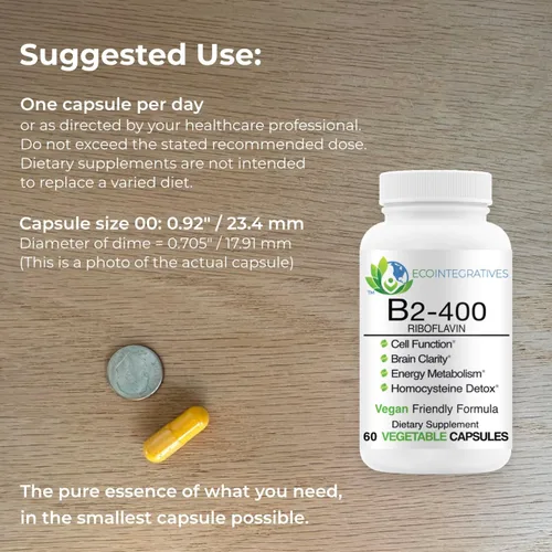Miniatura 6 de B2-400 Riboflavina pura - Salud del sistema nervioso, desintoxicación de homocisteína, cardiovascular, ayuda a aumentar la energía, la claridad