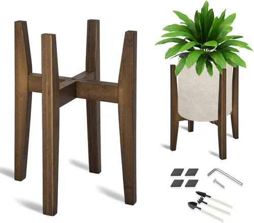 Miniatura 10 de OERGKE Soporte ajustable para plantas de interior, soportes de bambú modernos de mediados de siglo, soporte de flores de esquina para sala de estar