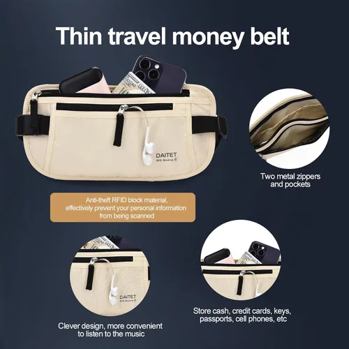 Miniatura 40 de DAITET Cinturón de dinero, soporte para pasaporte, cartera de viaje oculta segura con bloqueo RFID, riñonera encubierta (negro), Negro, Rfid
