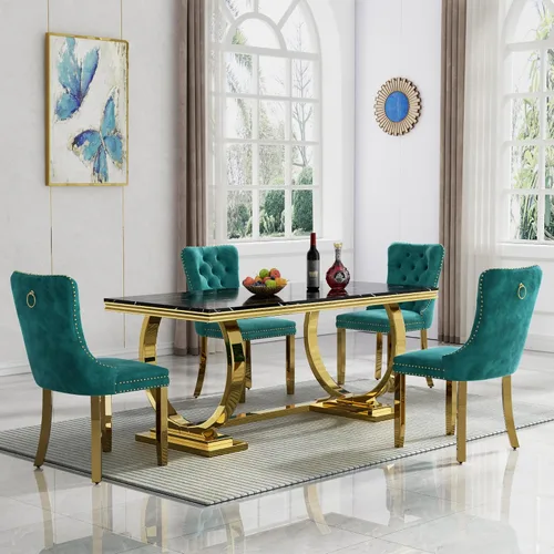 Miniatura 45 de HomVent Juego de mesa de comedor moderna de mármol sintético para 4 personas, mesa de cocina rectangular con 4 sillas beige (dorado)