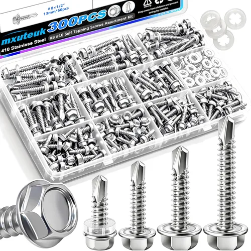 Miniatura 18 de mxuteuk 230 tornillos autorroscantes #8 para metal, 410 tornillos autoperforantes de acero inoxidable, tornillos de chapa de cabeza de truss de 1/2