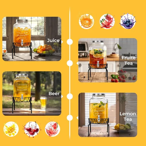 Miniatura 4 de Dispensador de bebidas de vidrio con soporte y tapa, un paquete de 2 galones con espita - Dispensadores de bebidas de vidrio para fiestas, bodas