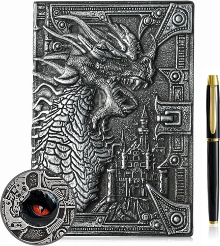 Miniatura 10 de Cuaderno de escritura de diario de dragón en relieve 3D con juego de bolígrafos, diario DND de tapa dura hecho a mano, bloc de notas diario