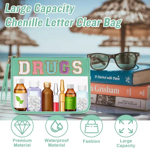 Miniatura 4 de Iqimott Bolsa de parche de felpilla con letras MEDS transparente, bolsa de maquillaje portátil de preparación para mujeres y niñas, viajes, bolsa