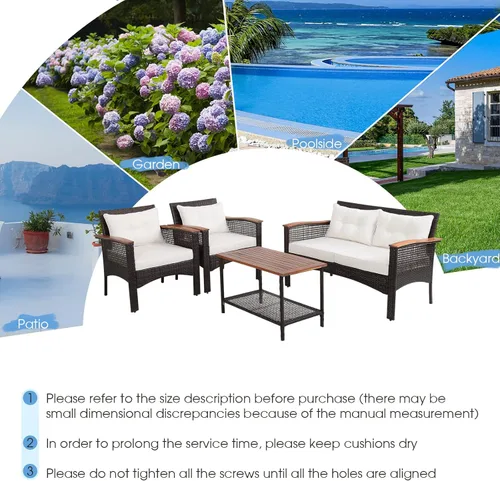 Miniatura 8 de Tangkula Patiojoy - Juego de muebles de patio de 4 piezas, madera de acacia para exteriores, juego de conversación de mimbre PE con cojines, juego