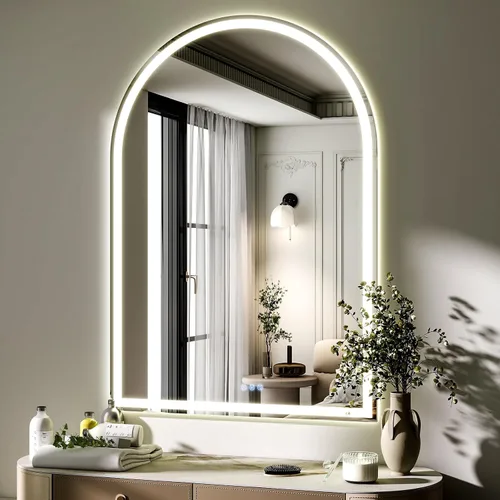 Miniatura 12 de BEAUTYPEAK Espejo de baño con arco LED de 34 x 30 pulgadas con luces, antiniebla, regulable, retroiluminado + iluminado frontal, espejo de tocador