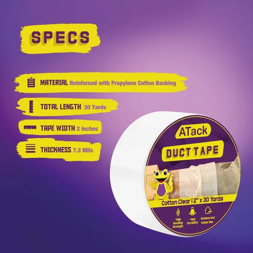 Miniatura 3 de ATack Cinta adhesiva de algodón transparente, 2 pulgadas x 30 yardas, cinta adhesiva transparente fácil de rasgar a mano para uso comercial