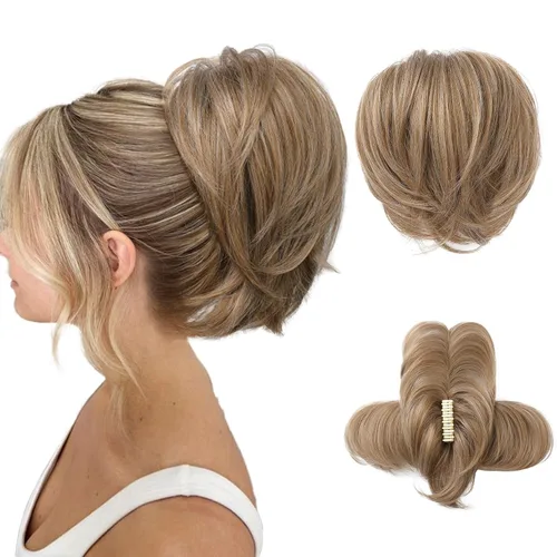 Miniatura 17 de HOOJIH - Pieza de cabello con moño desordenado, clip de garra en moño de cabello liso de 9 pulgadas, extensión de cola de caballo corta con alambre