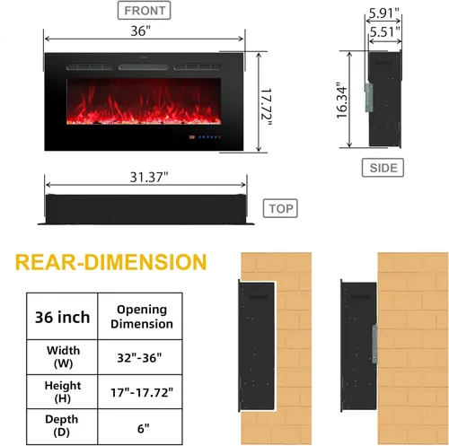 Miniatura 2 de Insertos de chimenea eléctrica de 36 pulgadas, chimenea eléctrica empotrada y de pared para uso en interiores con control remoto, 13