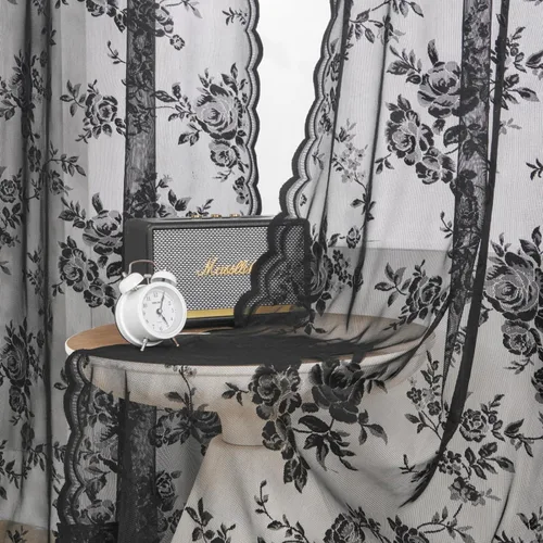 Miniatura 45 de SEEKRIGHT - 2 paneles de cortinas traslúcidas de encaje negro, cortinas góticas florales, cortinas victorianas con bolsillo para cortinero