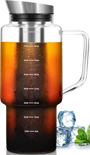 Aquach Cafetera de café frío (Cold Brew) para café y té de 68 onzas, jarra de vidrio y filtro de acero inoxidable, apta para lavavajillas, cafetera