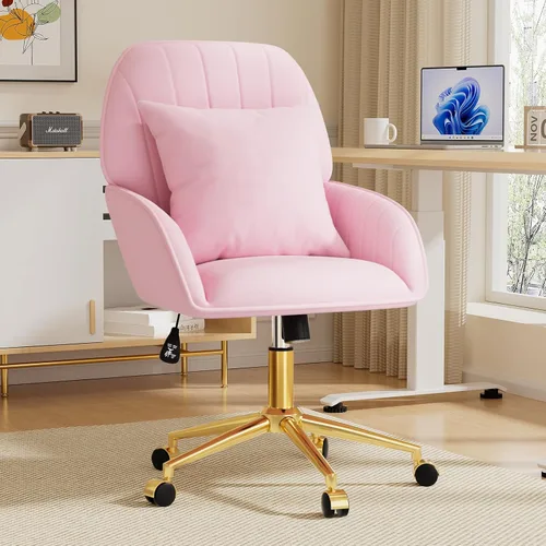 Miniatura 2 de Silla de Escritorio de Terciopelo Rosa con Cojín, Silla de Oficina Doméstica Tapizada con Ruedas Giratorias, Silla de Maquillaje, Silla de Oficina