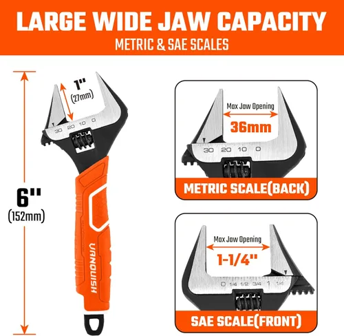 Miniatura 2 de VANQUISH Llave ajustable de 6 pulgadas, llave de fontanería de apertura de mandíbula de 1-1/4 pulgadas de ancho, acero CR-V, SAE y escala métrica