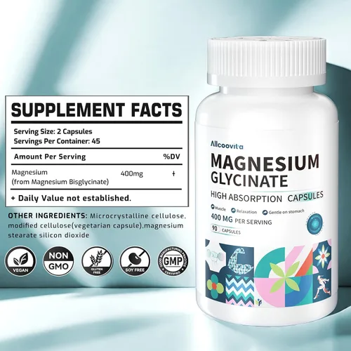 Miniatura 3 de Glicinato de magnesio 400 mg por porción, 100% quelado para una alta absorción, suave para el estómago, sin OMG, 90 cápsulas vegetarianas