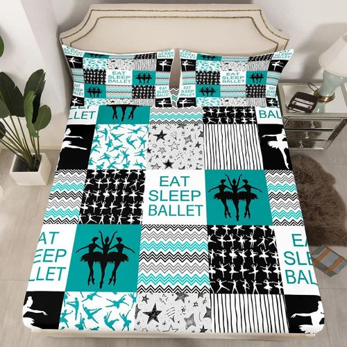 Miniatura 2 de Sábana bajera ajustable de ballet para niñas, juego de ropa de cama de ballet para danza de ballet, sábanas de cama con rayas geométricas onduladas