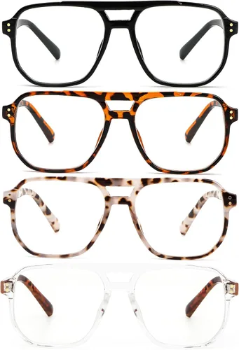 Gafas de lectura de aviador para mujeres y hombres, 4 pares de lectores de bisagra de resorte con bloqueo de luz azul de gran tamaño