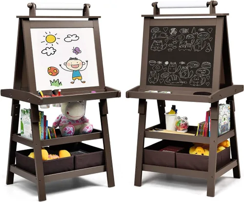 Miniatura 13 de Costzon Caballete de arte para niños, caballete de pintura de doble cara 3 en 1 con pizarra blanca magnética, pizarra y rollo de papel, estante