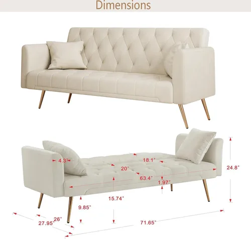 Miniatura 2 de Anwick - Sofá cama futón de terciopelo moderno con 2 almohadas, sofá cama convertible 2 en 1, sofá biplaza reclinable plegable con patas de metal