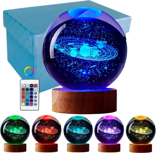 Miniatura 20 de Lámpara de bola de cristal 3D de Axolotl, lámpara de noche de bola de cristal mejorada de 3.15 pulgadas con 16 colores LED, base de madera, control