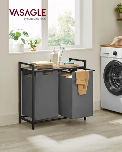 Miniatura 2 de VASAGLE cesto para la ropa, cesta de lavandería, clasificador de ropa con 2 bolsas extraíbles y tiradores, estante, estructura metálica, 2 x 12.1