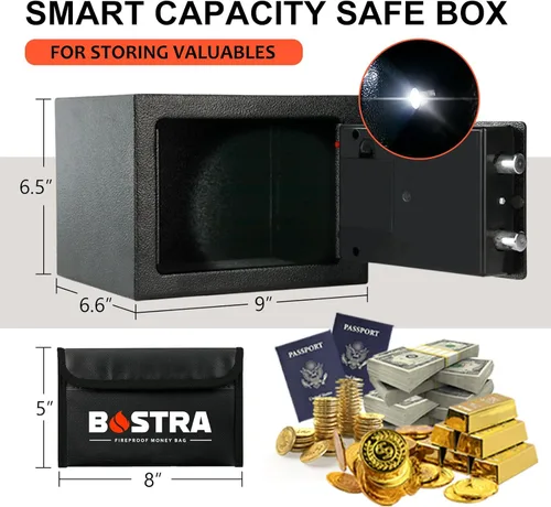 Miniatura 4 de Bostra Caja de seguridad ignífuga con sensor de luz y bolsa ignífuga, caja fuerte para dinero con teclado digital, caja fuerte de seguridad