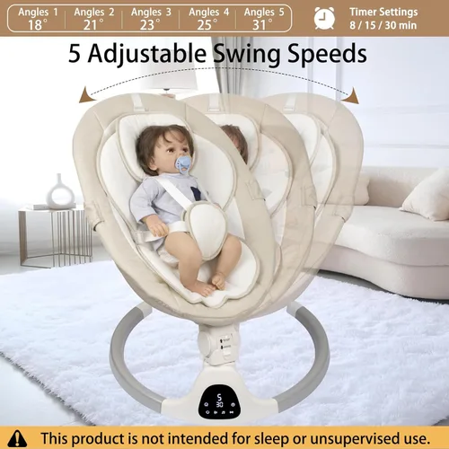 Miniatura 2 de JFOVMCYG Columpio eléctrico para bebés de 0 a 9 meses, columpio portátil para bebés con 5 velocidades de columpio, audio Bluetooth, control remoto