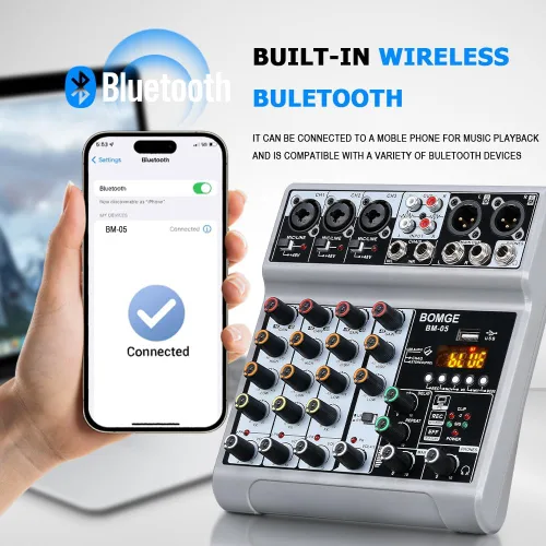 Miniatura 3 de BOMGE Mezclador de audio, consola de mezcla de tablero de sonido con 5 canales digitales USB Bluetooth, efecto de eco y retardo, alimentación