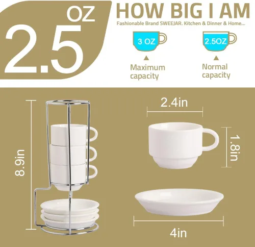 Miniatura 3 de Sweejar Tazas de café expreso de porcelana con platillos apilables de 2.5 onzas con soporte de metal para bebidas de café, café con leche, té, juego