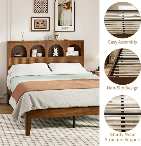 Miniatura 5 de Lxsxlome Base de cama matrimonial con cabecera ondulada, cabecera de almacenamiento con 4 compartimentos de almacenamiento arqueados, marco de cama