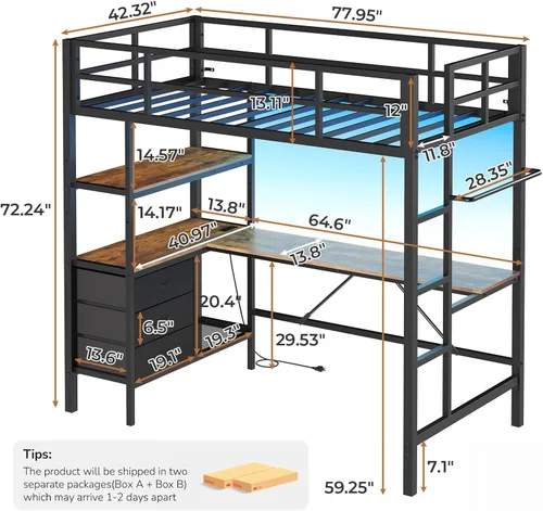 Miniatura 2 de DICTAC Cama alta individual con escritorio en forma de L, luces LED, estación de carga LED de metal para niños, cama tipo loft tamaño individual