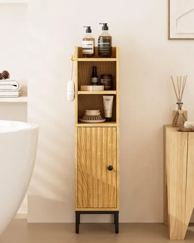 Miniatura 19 de Gabinete de Almacenamiento para Baño, Pequeño Mueble de Esquina de Piso con 2 Ganchos, Gabinete Estrecho para Papel Higiénico con Puerta de Ratán