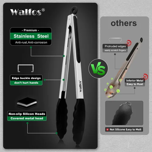 Miniatura 8 de Walfos Pinzas de cocina – Juego de 3 pinzas de cocina resistentes al calor, puntas de acero inoxidable y silicona sin BPA, ideales para cocinar