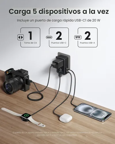 Miniatura 3 de Anker Adaptador de Viaje Nano, Adaptador de Corriente de 5 Puertos con 1 AC, 2 USB-A y 2 Puertos USB-C, Control Inteligente de Temperatura, Negro