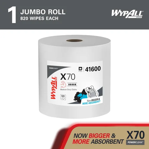 Miniatura 2 de WypAll PowerClean X70 - Toallitas de servicio mediano (41600), Jumbo, toallas de larga duración, color blanco