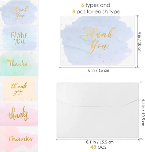 Miniatura 6 de Paquete de 48 tarjetas de agradecimiento, tarjetas de felicitación de acuarela con lámina dorada, notas para bodas, despedidas de soltera, fiestas