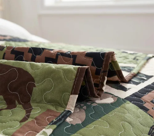 Miniatura 4 de Ycosy Juego de Edredón Rústico Lodge con Alce Ciervo Colcha Tamaño King Oso del Bosque Ciervo Edredón Verde Matcha Reversible Cubrecamas de Cabaña