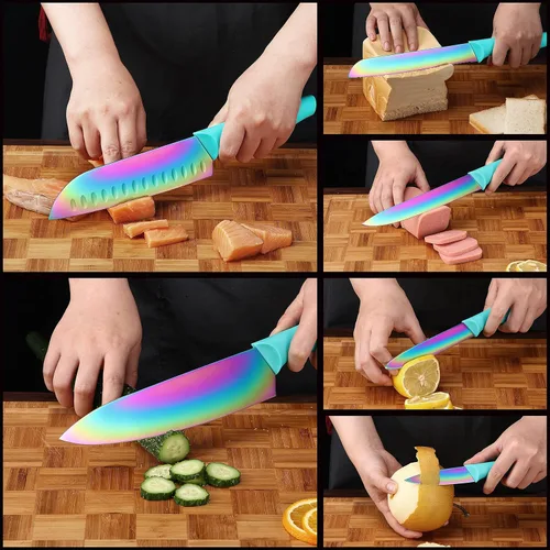 Miniatura 6 de KYA37B - Juego de cuchillos con cucharas, protectores de cuchillas y cucharas medidoras, Marco Almond® Rainbow Color 17 piezas de cuchillos